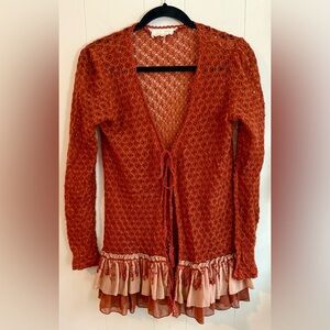 A’REVE Rust Orange Crochet Cardigan with Ruffle Hem, Size M